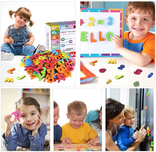 GINMIC 225Pcs Magnetic Letters and Numbers for Kids Double-Side Magnet Board