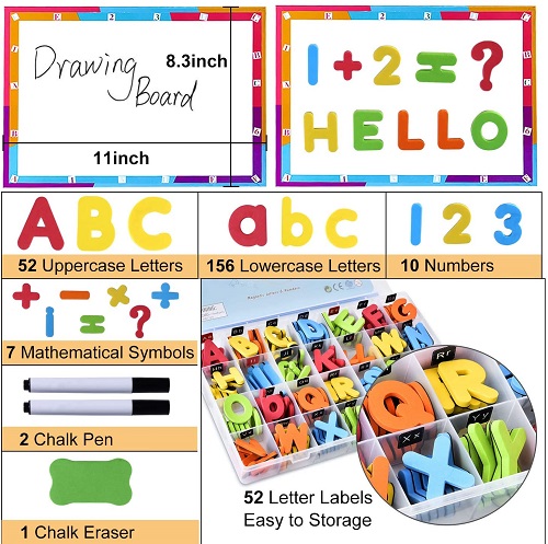 GINMIC 225Pcs Magnetic Letters and Numbers for Kids Double-Side Magnet Board