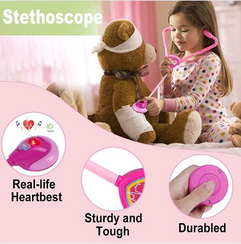 GINMIC Kids Doctor Play Kit, Pink Pretend Play Doctor Set with Roleplay Doctor Costume 