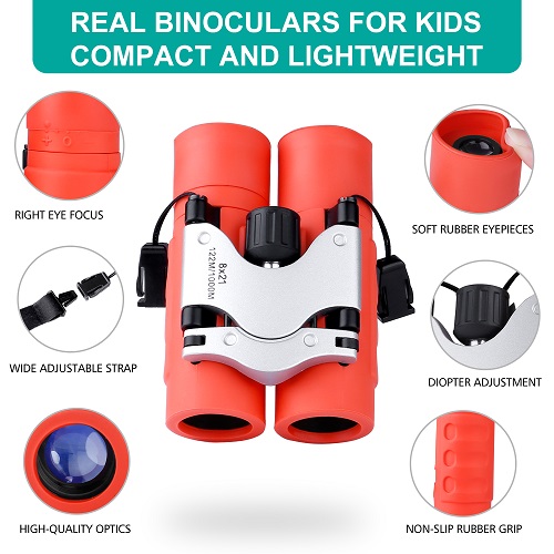 GINMIC Binoculars for Kids, 8 x 21 Real Optics Mini Kids Binoculars with Neck Strap