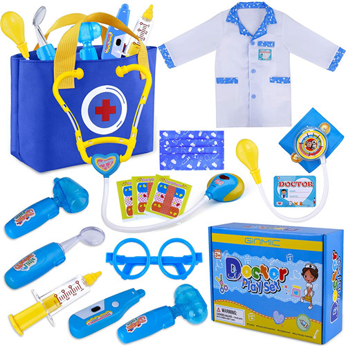 GINMIC Blue Kids Doctor Play Kit, Pretend Play Doctor Set with Roleplay Doctor Costume