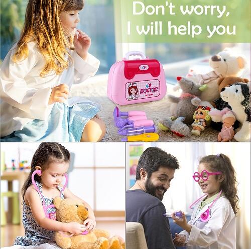 GINMIC Kids Doctor Play Kit, Pink Pretend Play Doctor Set with Roleplay Doctor Costume 