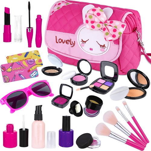 GINMIC Kids Makeup Kit - 23 Piece Pretend Play Makeup Set Toys with Pink Princess Purse