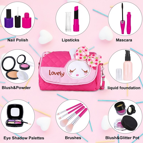 GINMIC Kids Makeup Kit - 23 Piece Pretend Play Makeup Set Toys with Pink Princess Purse