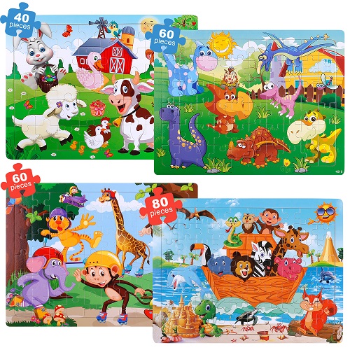 GINMIC Puzzles for Kids Ages 4-8, 4 Pack 40-80 Wooden Jigsaw Kids Puzzles